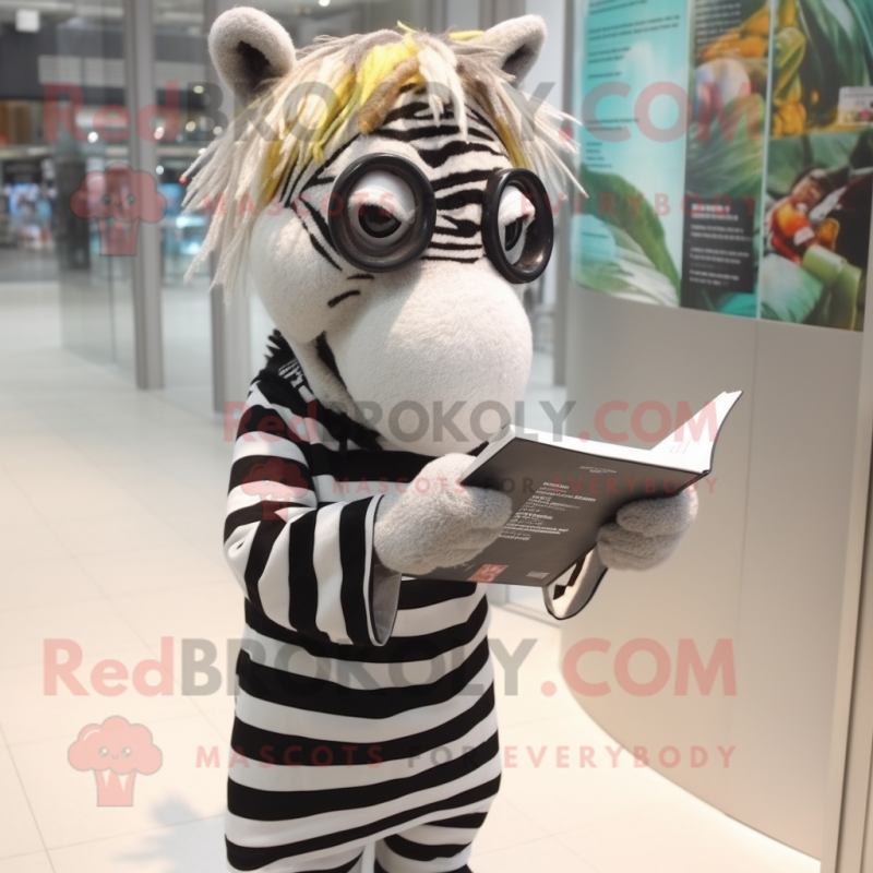 nan Zebra mascot costume character dressed with a Mini Dress and Reading glasses