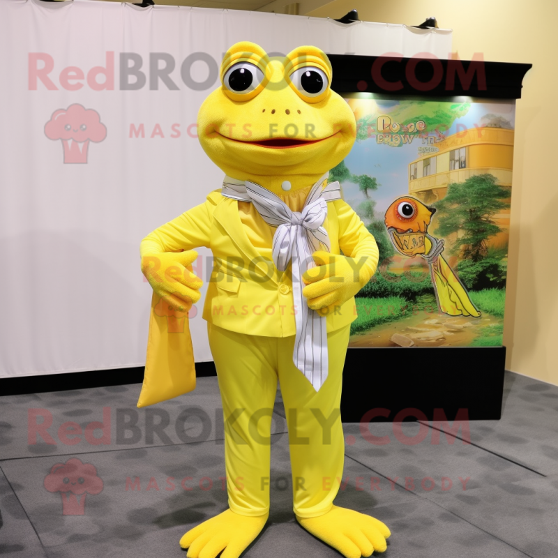 Lemon Yellow Frog mascot costume character dressed with a Dress Shirt and Scarf clips Lemon Yellow Frog mascot costume character dressed with a Dress Shirt and Scarf clips