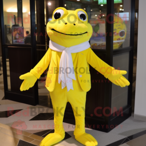 Lemon Yellow Frog mascot costume character dressed with a Dress Shirt and Scarf clips