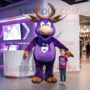 Purple Elk mascot costume character dressed with a V-Neck Tee and Watches