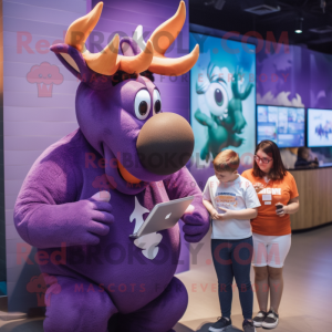 Purple Elk mascot costume character dressed with a V-Neck Tee and Watches