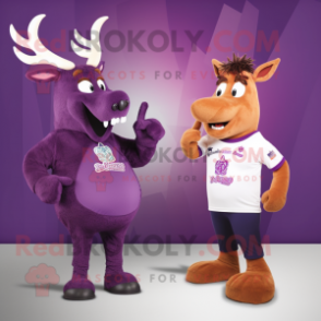 Purple Elk mascot costume character dressed with a V-Neck Tee and Watches