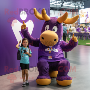 Purple Elk mascot costume character dressed with a V-Neck Tee and Watches