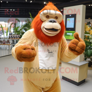 Cream Orangutan mascot costume character dressed with a Jumpsuit and Beanies