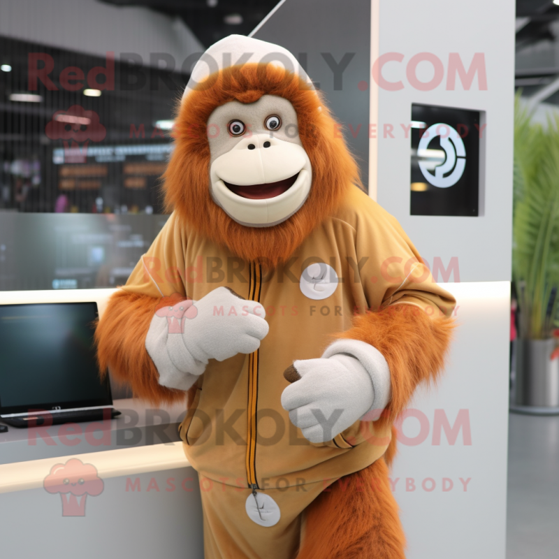 Cream Orangutan mascot costume character dressed with a Jumpsuit and Beanies Cream Orangutan mascot costume character dressed with a Jumpsuit and Beanies
