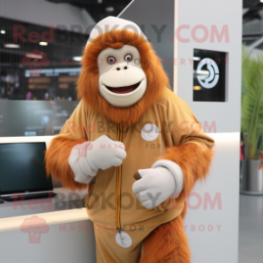 Cream Orangutan mascot costume character dressed with a Jumpsuit and Beanies