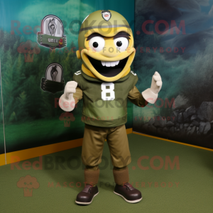 Olive American Football Helmet mascot costume character dressed with a Vest and Brooches