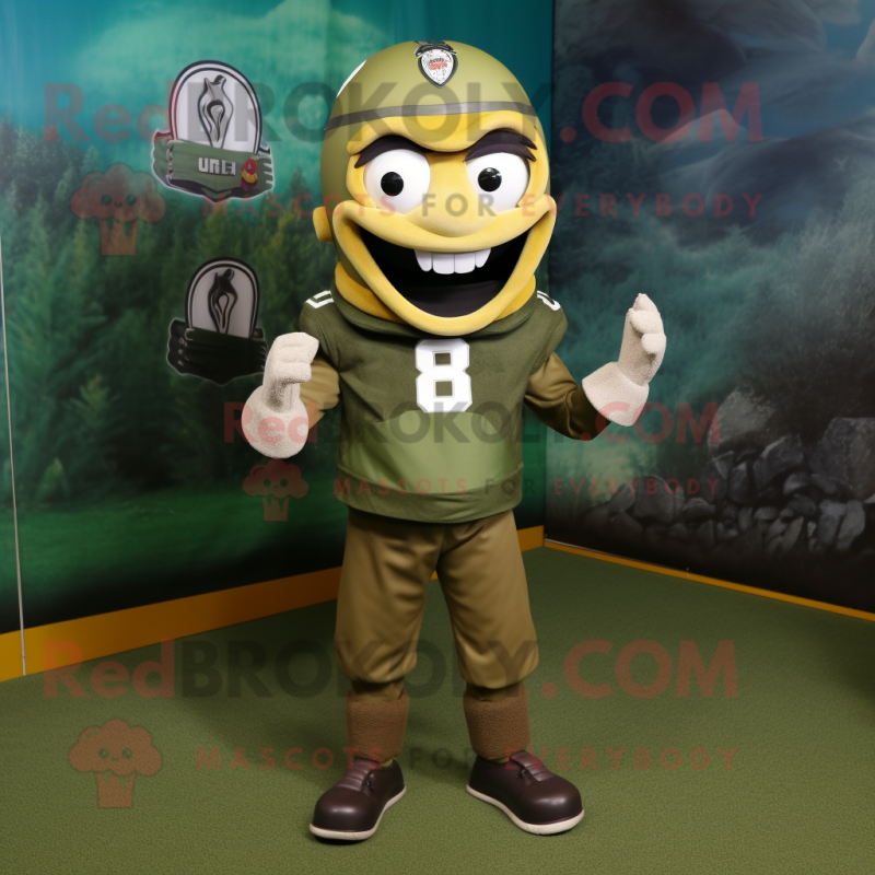 Olive American Football Helmet mascot costume character dressed with a Vest and Brooches