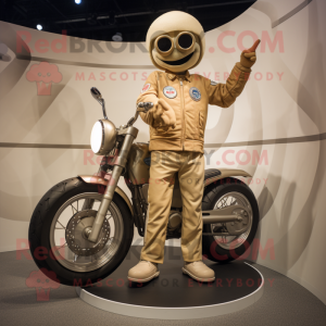 Beige Plate Spinner mascot costume character dressed with a Moto Jacket and Watches