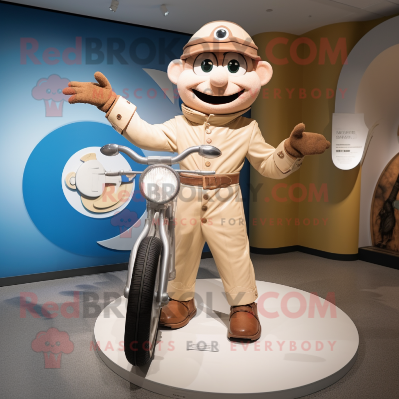 Beige Plate Spinner mascot costume character dressed with a Moto Jacket and Watches