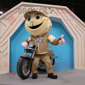 Beige Plate Spinner mascot costume character dressed with a Moto Jacket and Watches