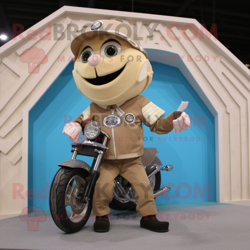 Beige Plate Spinner mascot costume character dressed with a Moto Jacket and Watches Beige Plate Spinner mascot costume character dressed with a Moto Jacket and Watches