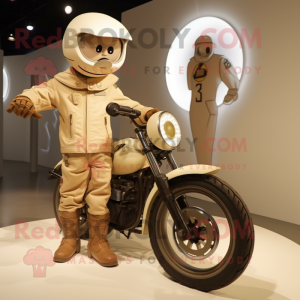 Beige Plate Spinner mascot costume character dressed with a Moto Jacket and Watches