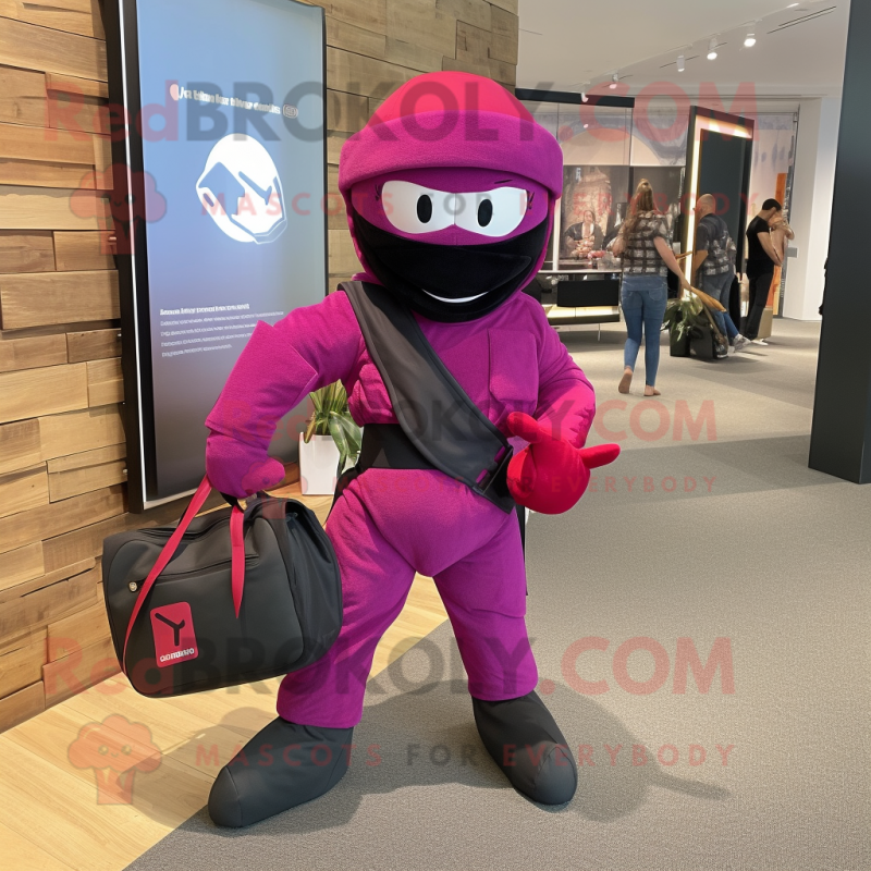 Magenta Ninja mascot costume character dressed with a Oxford Shirt and Handbags Magenta Ninja mascot costume character dressed with a Oxford Shirt and Handbags