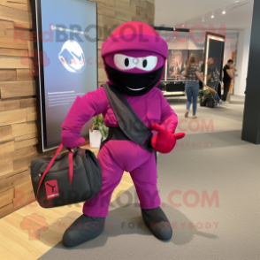 Magenta Ninja mascot costume character dressed with a Oxford Shirt and Handbags