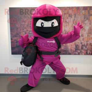 Magenta Ninja mascot costume character dressed with a Oxford Shirt and Handbags