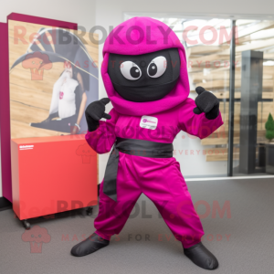 Magenta Ninja mascot costume character dressed with a Oxford Shirt and Handbags