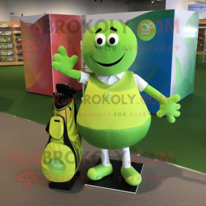 Lime Green Golf Ball mascot costume character dressed with a Waistcoat and Tote bags