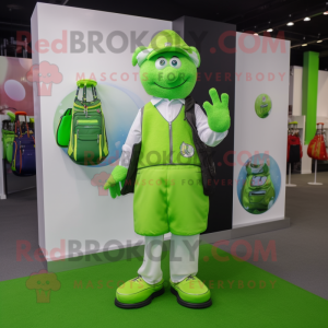 Lime Green Golf Ball mascot costume character dressed with a Waistcoat and Tote bags