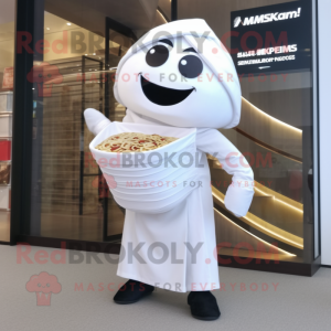 White Ramen mascot costume character dressed with a Jumpsuit and Clutch bags