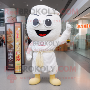 White Ramen mascot costume character dressed with a Jumpsuit and Clutch bags