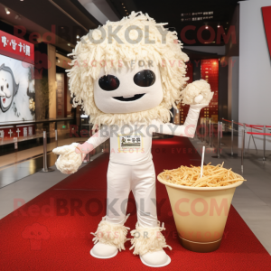White Ramen mascot costume character dressed with a Jumpsuit and Clutch bags