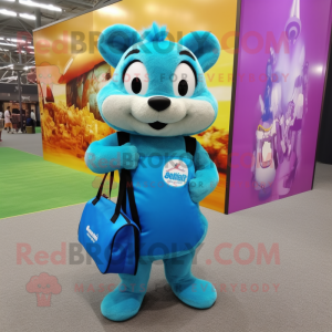 Cyan Mongoose mascot costume character dressed with a Mini Skirt and Tote bags