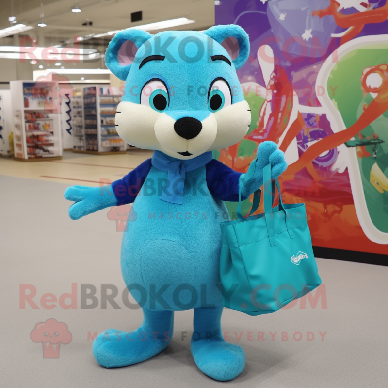 Cyan Mongoose mascot costume character dressed with a Mini Skirt and Tote bags