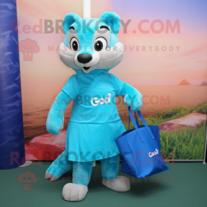 Cyan Mongoose mascot costume character dressed with a Mini Skirt and Tote bags