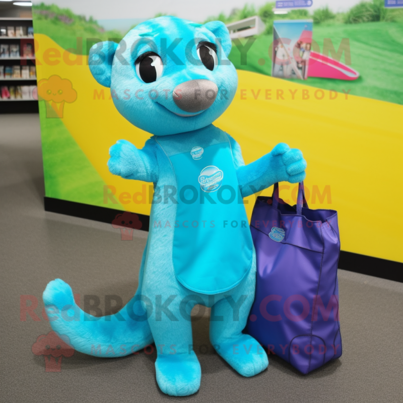 Cyan Mongoose mascot costume character dressed with a Mini Skirt and Tote bags