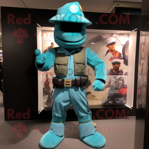 Turquoise Commando mascot costume character dressed with a Empire Waist Dress and Hats