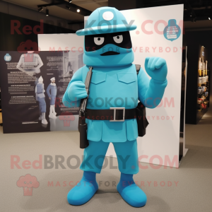 Turquoise Commando mascot costume character dressed with a Empire Waist Dress and Hats