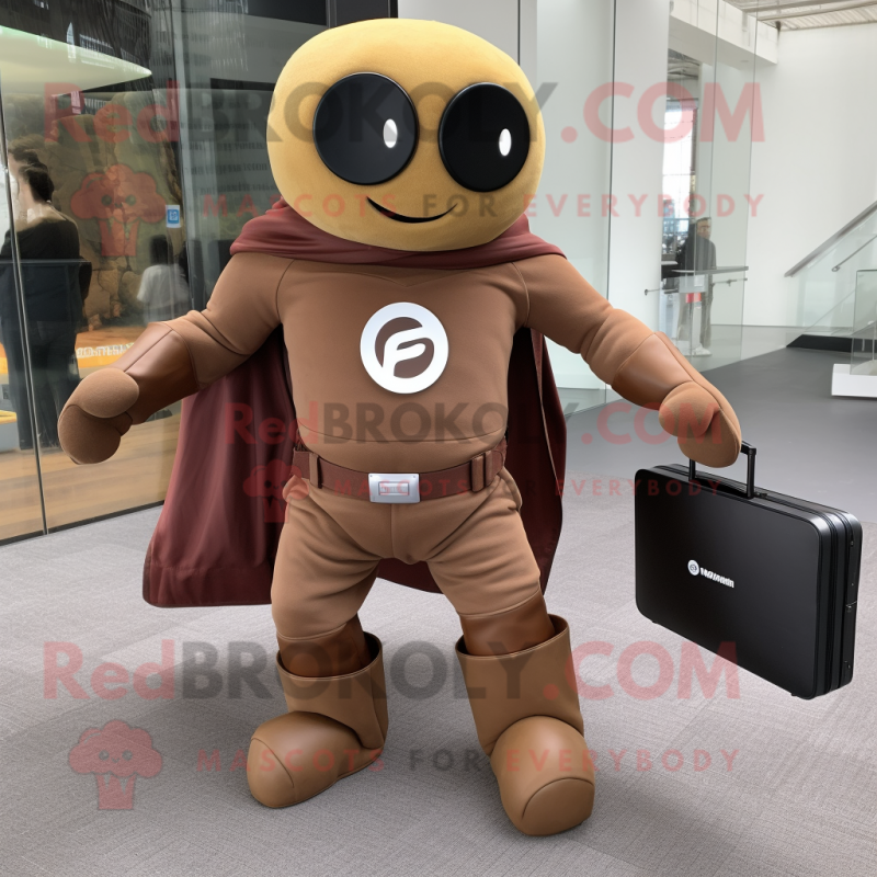 Brown Superhero mascot costume character dressed with a Playsuit and Briefcases