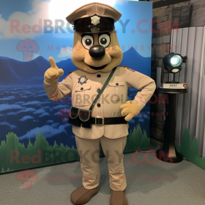 Tan Police Officer mascot costume character dressed with a Shift Dress and Shoe clips