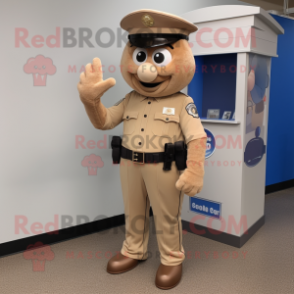 Tan Police Officer mascot costume character dressed with a Shift Dress and Shoe clips