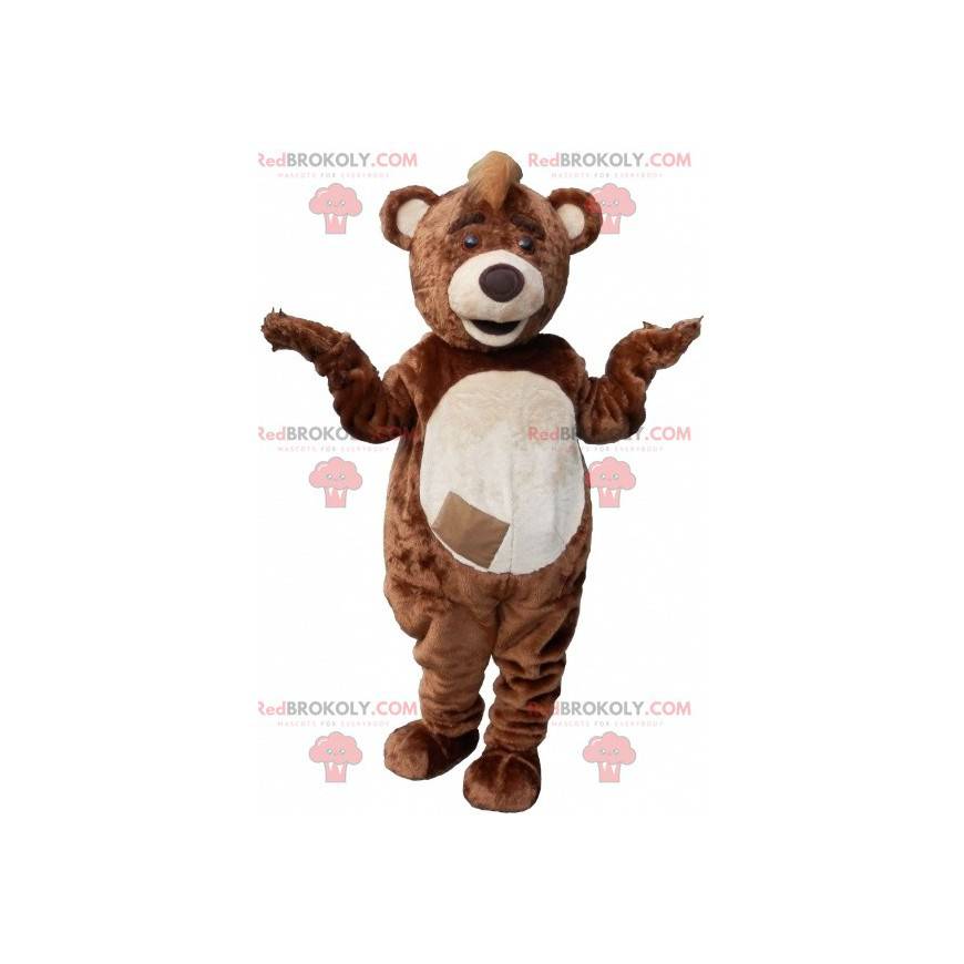 Mascota de oso de peluche marrón y blanco con una cresta -