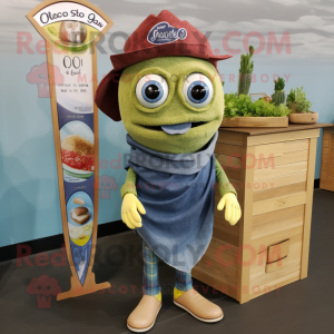 Olive Fish Tacos mascot costume character dressed with a Chambray Shirt and Scarves