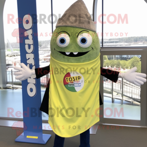 Olive Fish Tacos mascot costume character dressed with a Chambray Shirt and Scarves