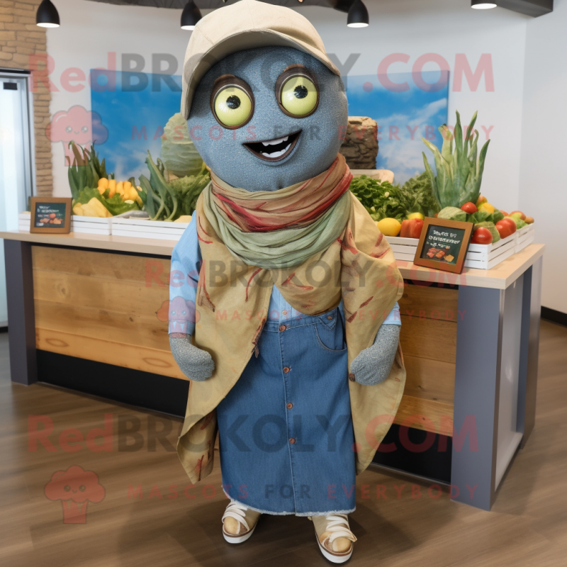 Olive Fish Tacos mascot costume character dressed with a Chambray Shirt and Scarves