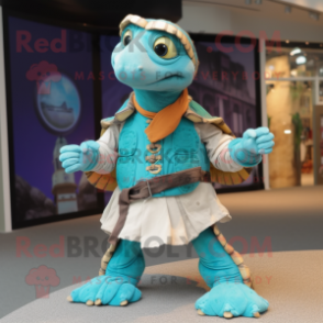 Turquoise Turtle mascot costume character dressed with a Waistcoat and Anklets