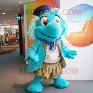 Turquoise Turtle mascot costume character dressed with a Waistcoat and Anklets