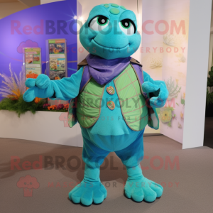 Turquoise Turtle mascot costume character dressed with a Waistcoat and Anklets