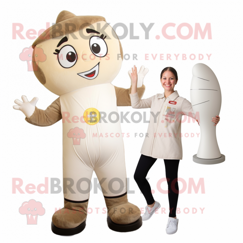 Beige Champagne mascot costume character dressed with a Yoga Pants and Mittens