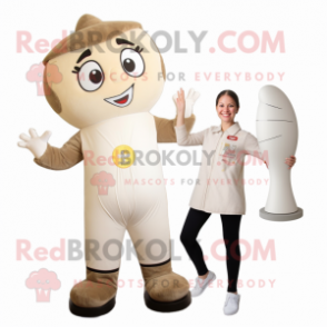 Beige Champagne mascot costume character dressed with a Yoga Pants and Mittens