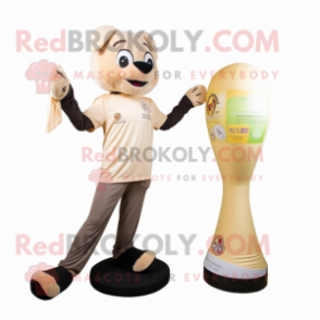 Beige Champagne mascot costume character dressed with a Yoga Pants and Mittens
