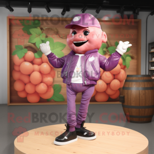Pink Grape mascot costume character dressed with a Leather Jacket and Shoe clips
