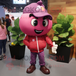Pink Grape mascot costume character dressed with a Leather Jacket and Shoe clips