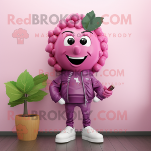 Pink Grape mascot costume character dressed with a Leather Jacket and Shoe clips