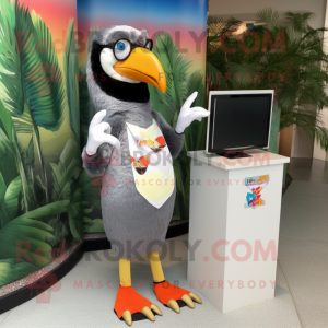 Silver Toucan mascot costume character dressed with a Shift Dress and Sunglasses