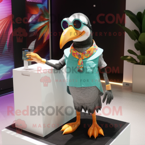 Silver Toucan mascot costume character dressed with a Shift Dress and Sunglasses